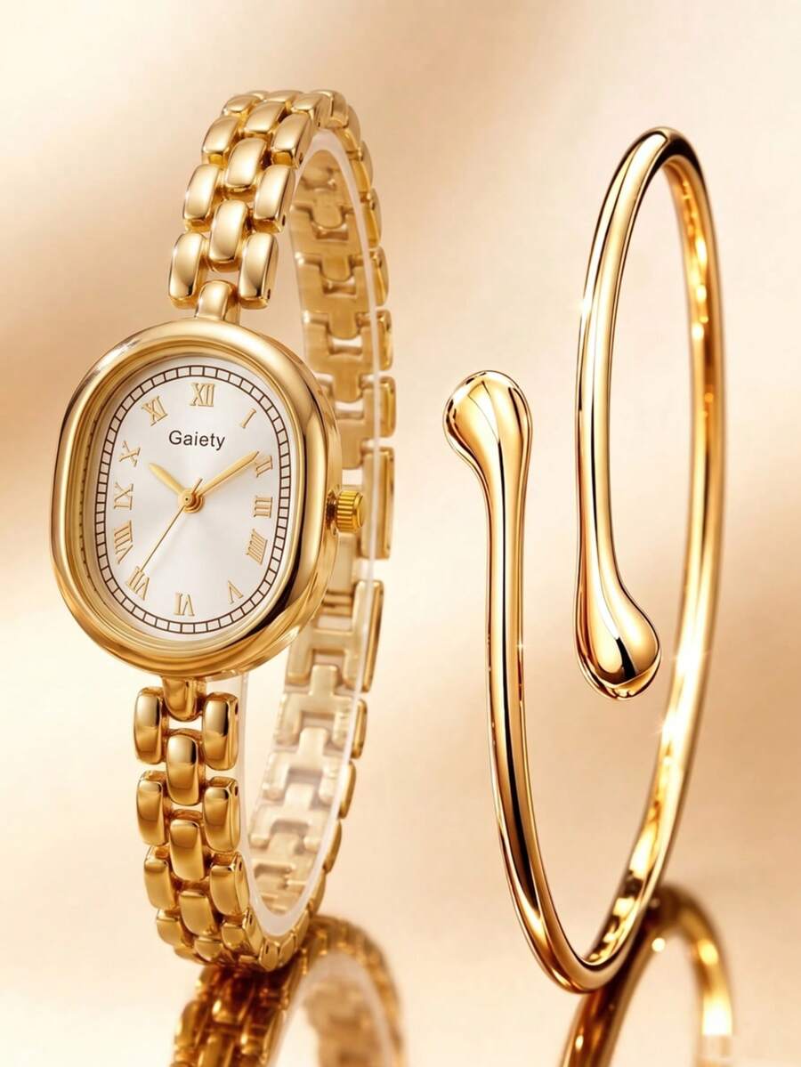 2件組女款石英手錶手鍊珠寶套組,時尚優雅輕奢極簡羅馬數字橢圓錶盤,適合日常配戴、派對裝飾、情人節、婚禮季、感恩節及各種節日禮物 - 金色 - 查看 1