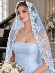 1pc Elegant Vintage Lace Bridal Veil With Metal Comb, Perfect For Vienna Cathedral & Church Weddings - Multicolor - - View 3