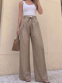 Women's High Waist Wide Leg Long Pants, Casual Loose Fit Trousers, Built-In Drawstring Waistband, Vintage Minimalist Style Daily Bottoms - Maroon - View 1