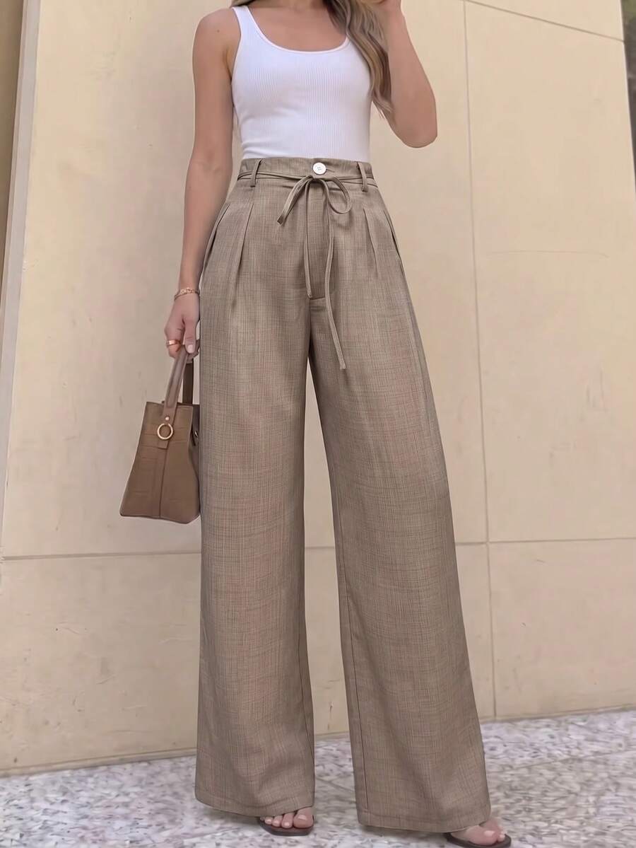 Women's High Waist Wide Leg Long Pants, Casual Loose Fit Trousers, Built-In Drawstring Waistband, Vintage Minimalist Style Daily Bottoms - Maroon - View 1