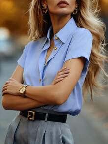 DONICY Women's Blue Short Sleeve Shirt, Satin Texture, Lapel Gold Buttons, Office Daily Casual Versatile Style Shirt - Blue - View 4
