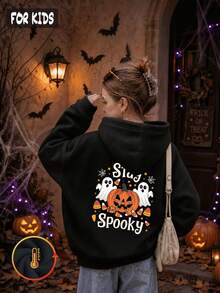 Halloween Autumn Winter Girls' Hooded Fleece Sweatshirt With Pumpkin, Ghost, Candy Print And "Stay Spooky" Text, - Black - View 5