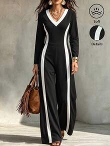 Women's Colorblock V-Neck Long Sleeve Casual Jumpsuit - Black and White - View 1