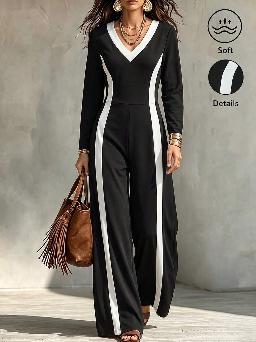 Women's Colorblock V-Neck Long Sleeve Casual Jumpsuit - Black and White - View 1