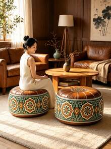 Round Storage Ottoman, Large Capacity Soft Footstool With Hidden Clothes Storage, Padded Seat & Floral Fabric Design, Multifunctional Organizer Stool For Adults, Bedroom Living Room Closet Dorm Home, Space Saving Furniture - Brown - View 2