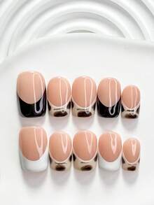 秋季 10片裝簡約高級感手工穿戴甲 Polygel 凝膠美甲套組，黑色色塊、黑白配色，韓系簡約風，方型、短方型、杏仁型，適合派對、舞蹈、日常配戴（手工細節可能有所不同） - 彩色 - 查看 4
