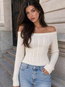 Yuwenier Elegant Casual Cold Shoulder Cable Knit Top, Long Sleeve Slim Fit Ribbed Hem Sweater, Autumn/Winter Commute Daily Wear - Beige - View 5