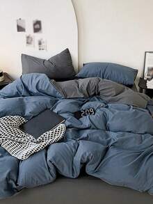 Blue And White Colorblock Washed Cotton Skin-Friendly 3 Pieces Duvet Cover Set, Suitable For Bedroom - Navy Blue - View 3