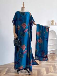 1 Set Elegant Floral Print Faux Silk Robe Set For Women Beach Sun Protection Pullover Shawl With Satin Scarf, Perfect For Layering And Daily Wear - Multicolor - View 3