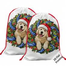 2入雙面印花抽繩聖誕禮物袋，可愛黃金獵犬戴聖誕帽、冬青莓花環與藍色蝴蝶結圖案，大號節日禮品包裝袋，便利抽繩收納袋，適用於糖果、衣物包裝及聖誕家庭聚會、派對禮物交換裝飾 - 彩色 - 查看 6
