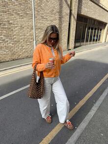 Orange Women's Early Autumn New Knit Cardigan, Lazy Loose Drop Shoulder Round Neck Single-Breasted Short Sweater, Minimalist Round Neck Metal Button Daily Commute Short Sweater - Orange - View 4