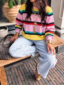 Women's Dopamine Rainbow Striped Knit Crew Neck Sweatshirt, Casual Loose Drop Shoulder Long Sleeve Top - Pink - View 2
