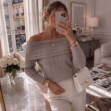 Women's Ribbed Knit Off-Shoulder Short Pullover Sweater Long Sleeve Autumn Winter Style - Khaki - View 5
