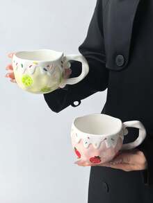 1pc Ins Cute Fruit Ceramic Mug, Exquisite Girl Style Cream Rim Fruit Print Coffee Cup, Highly Attractive Water Cup, Tea Cup, Latte Art Cup, Beautiful Cup, Perfect Gift For Friends - Multicolor - View 6