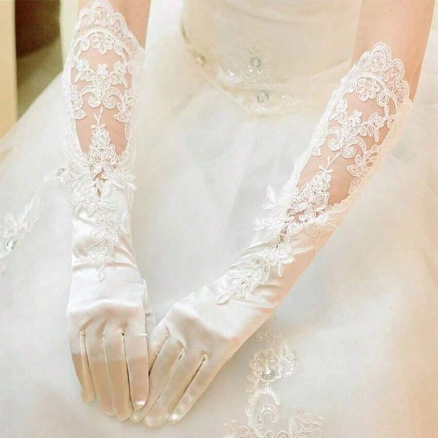 1雙女款長款蕾絲緞面婚禮手套，花卉圖案踝長婚禮手套，優雅白色開口袖口派對舞會手套配件
