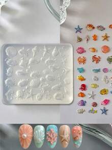 1pc Ocean Silicone Nail Art Mold, 3D Shell Starfish Fish Crab Pattern Nail Decoration Mold, Suitable For Gel Nail Art And Nail Design, 3D Nail Art Mold, DIY Decoration - Clear - View 1