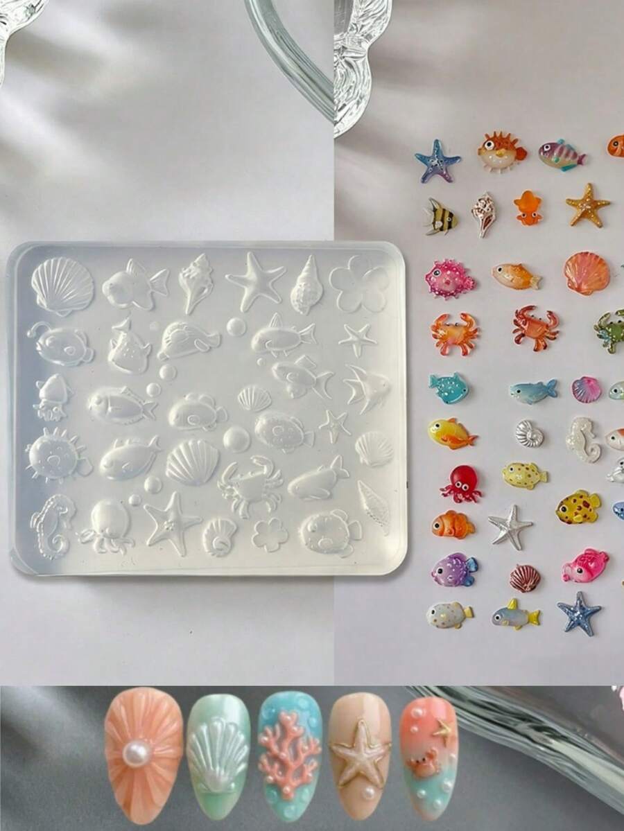 1pc Ocean Silicone Nail Art Mold, 3D Shell Starfish Fish Crab Pattern Nail Decoration Mold, Suitable For Gel Nail Art And Nail Design, 3D Nail Art Mold, DIY Decoration - Clear - View 1