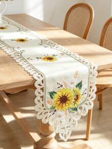 1pc 100% Polyester Vintage Sunflower Embroidery Table Runner, Fall Hollow Out Floral Table Runner, Boho Farmhouse Table Centerpiece For Kitchen Dining Room Wedding Party Decor - Multicolor - View 11