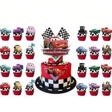 BUTTBILL Cartoon Racing Theme Bunting & Cake Topper Set, Dessert Picks, Birthday Party Decoration, Bunting Cake Toppers Decor - Multicolor - View 12