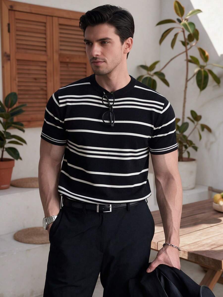 ALTZTAR Men's Nautical Striped Knit Crew Neck Short Sleeve Pullover T-Shirt, Casual Business Slim Fit - Black - View 1