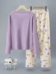 2pcs/Set Women's Pure Cotton Pajama Set, Long Sleeve Top And Pants, Casual Tulip Print Loungewear Set - Multicolor - View 2