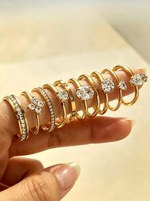 10 st 18K guldbelagda ringar i rostfritt stål, stapelbara ringar, klöver, vattendroppe, Ins-stil, vattentäta smycken, eleganta ringar, ädelstensringar, guldsmyckeset, exklusiv present - Ringset med 10 delar - Visa 10