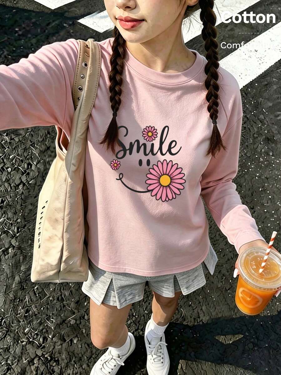 Girls' Cute Printed Long-Sleeve Casual Sports T-Shirt With Set-In Sleeves And A Round Neckline - Baby Pink - View 1