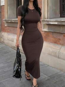 Đầm ôm nữ GLAMSKIN cổ tròn tay ngắn nhún bèo, đầm bodycon màu nâu thanh lịch, phù hợp mặc hàng ngày mùa thu, đi học, phong cách đường phố thường ngày - màu nâu - Xem 7