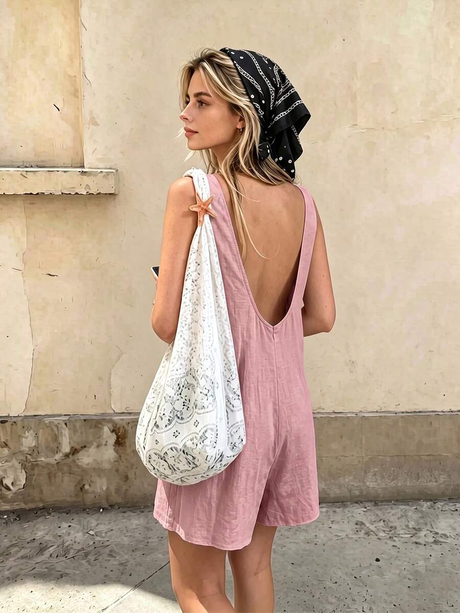 DORISS Summer Apricot Sleeveless Loose Short Jumpsuit Linen Material Casual Street Work Travel - Ash - View 1