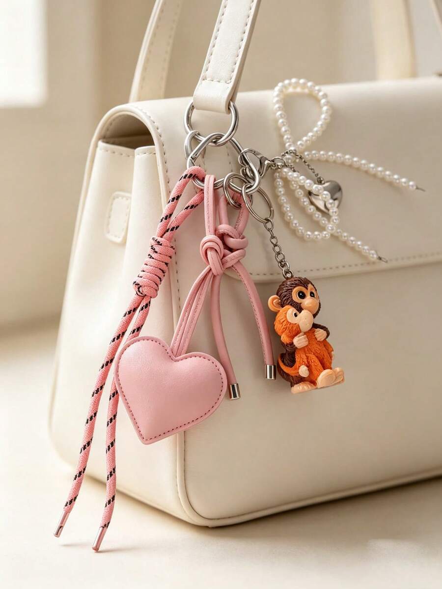 1 Pc Korean-Style Pink Heart-Shaped Keychain, Bow-Shaped Pendant Keychain, Bag Accessory, Car Keychain, Gift For Friends - Multicolor - View 1
