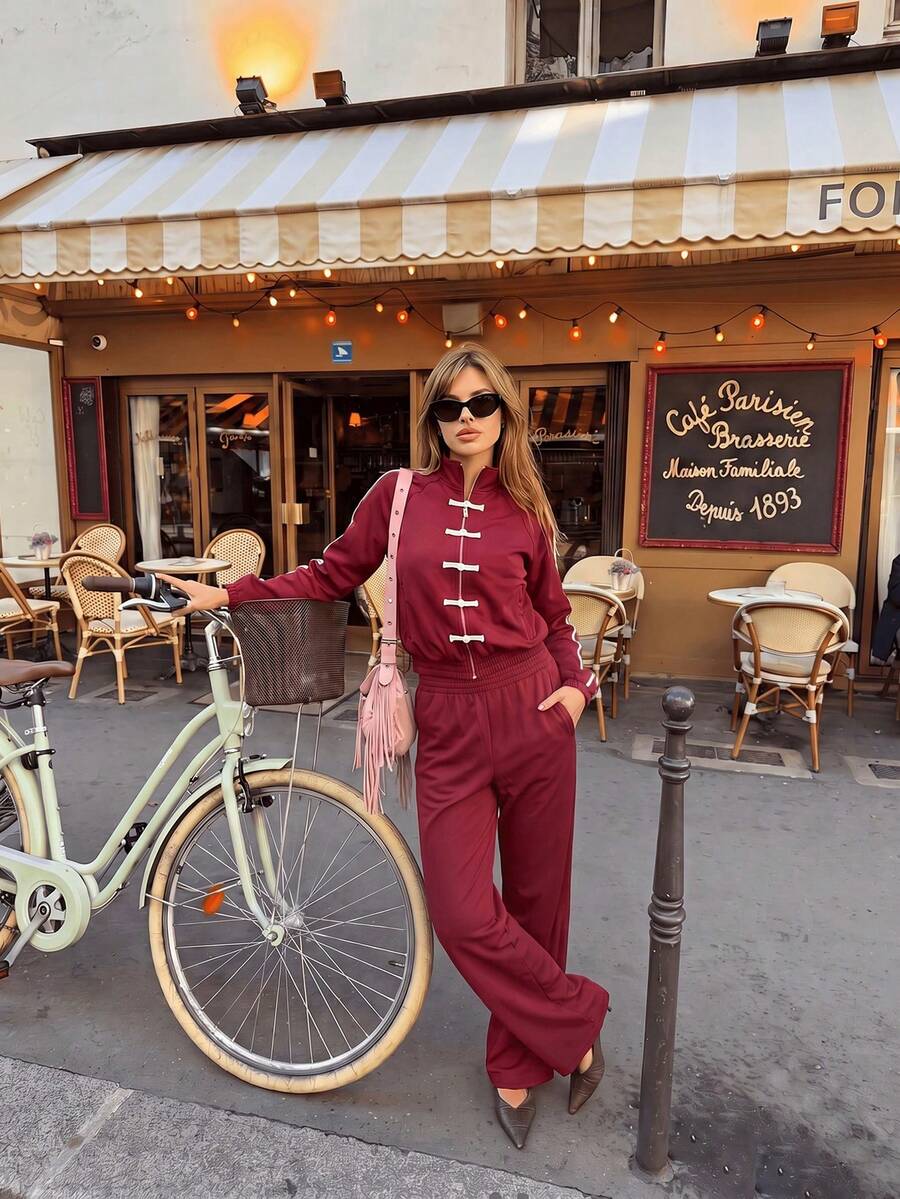 Women's Casual Two Pieces Set With Stand Collar Zipper Jacket Decorated With Frog Buttons And Wide Leg Pants