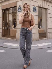 1pc Casual Elegant Snowflake Denim Mid-High Waist Jeans, Office Daily Wear, Spring/Autumn/Winter - Black - View 5