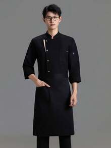 New Unisex Long Sleeve Gold Button Triangle Collar Chef Uniform - Black - View 5