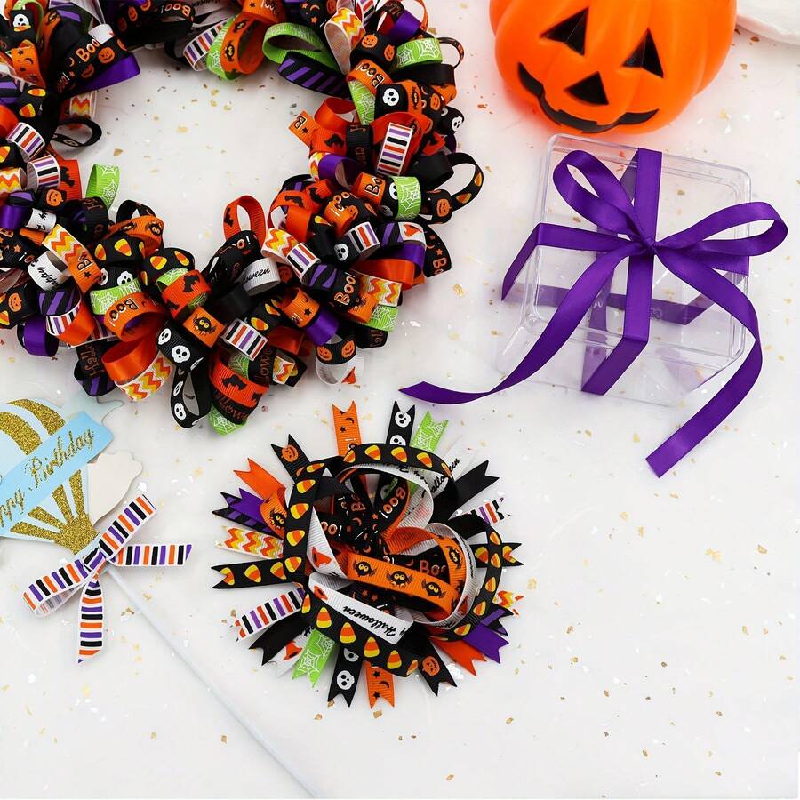 5 Yards/Roll, 1cm Wide, Double-Sided Halloween Ribbon Thin Grosgrain Ghost Skull Pumpkin Spider Witch Printed Ribbon For Halloween Craft Wrapping Holiday DIY Party Decoration - View 1
