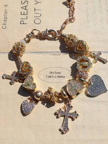 1pc Heart Cross Charm Bracelet, Heart Rhinestone Cross DIY Bracelet, Virgin Mary Cross Heart Bracelet - Gold - View 3