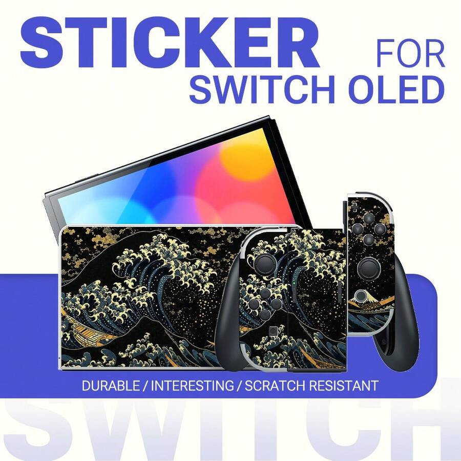 Sticker Set Compatible With Switch OLED, Black & Gold Ukiyo-E Wave Pattern, Waterproof & Scratch-Resistant Self-Adhesive Vinyl Game Console Skin, Removable Without Residue, Full Set Console + Controller Decorative Film - View 1