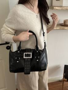 1pc Multifunctional Rivet Handbag, Vintage Motorcycle Style Rivet Decor PU Leather Shoulder Bag, Punk Rock Underarm Bag, Suitable For Work, Commute, Date, Party And Music Festival - Black - View 4