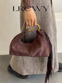 Women's Handbag With Metal Handle, Personalized Tassel, Matte Finish, Fashionable Autumn/Winter Phone Bag, Coffee Color, Suitable For Shopping, Commuting, Parties - Coffee - View 4