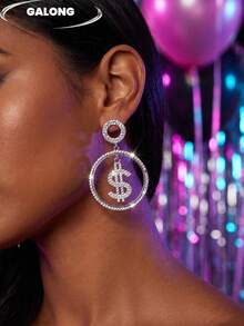 Full Rhinestone Dollar Sign Earrings For Women, Silver Double Hoop Pendant, Y2K Hip-Hop Street Style Party Exaggerated Large Earrings - Silver - View 4