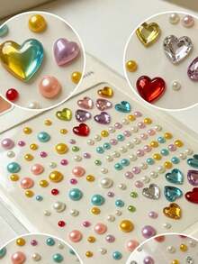 Macaron Colorful Pearl Heart Face Sticker Set With Tweezers, Mixed Color 3D Rhinestone Stickers, Self-Adhesive Eye And Face Makeup Decoration, Suitable For Girls Creative Photography Eye Makeup, Halloween Costume - Multicolor - View 6