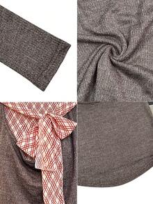 Casual Vibe Draped Neck Plaid Ribbon Patchwork Ruffle Collar 2 In 1 Long Sleeve Autumn/Winter Women's Top - Mocha Brown - View 8