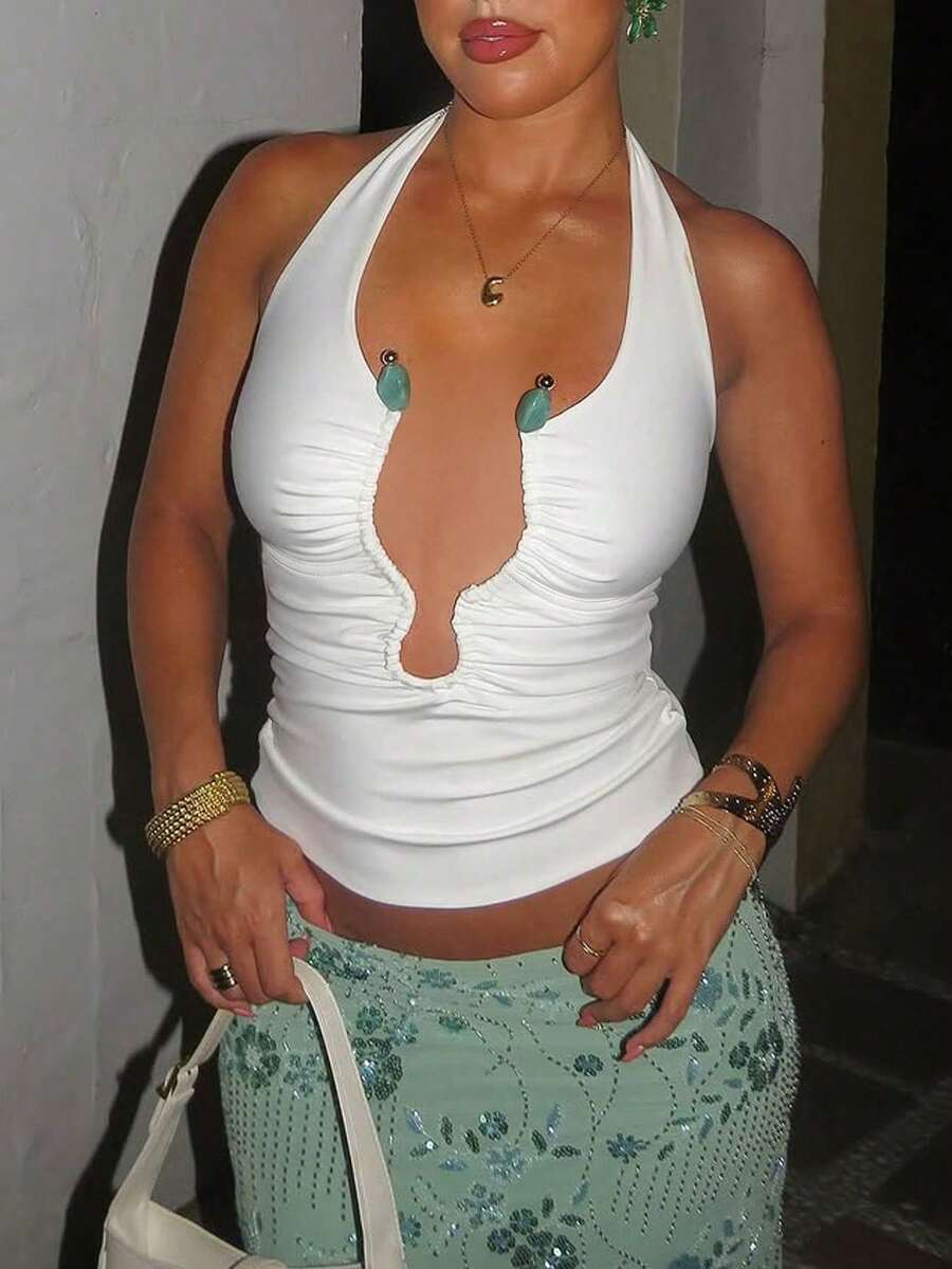 Women's Summer Vacation Beach Metal Sexy Ruched Halter Neck Crop Top White - White - View 1