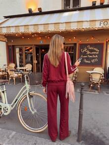 Women's Casual Two Pieces Set With Stand Collar Zipper Jacket Decorated With Frog Buttons And Wide Leg Pants - Red - View 6