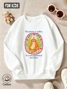 Kids' Cute Cat Print Pullover Sweatshirt, Floral Border & English Slogan Design, Loose Round Neck Long Sleeve, - White - View 4
