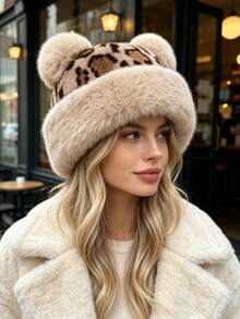 1pc Cute Leopard Print Plush Knitted Bucket Hat With Bear Ears For Women, Fashionable Warm Ear Protection Hat For Autumn/Winter - A - View 2
