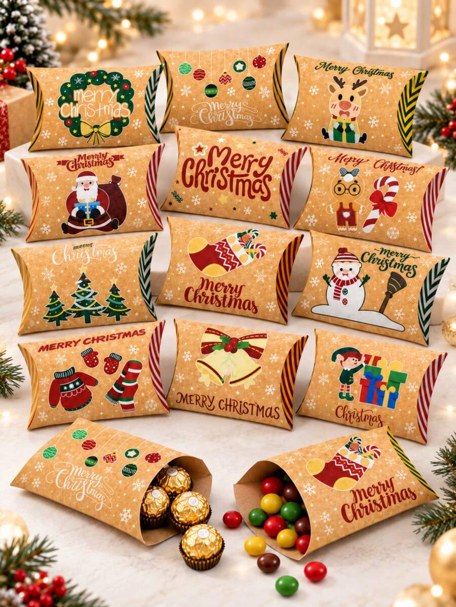 48pcs Christmas Kraft Paper Pillow Gift Boxes, Christmas Candy Boxes, Suitable For Snacks, Chocolates, Small Gifts And Holiday Party Favors - Christmas Gift Box - View 1