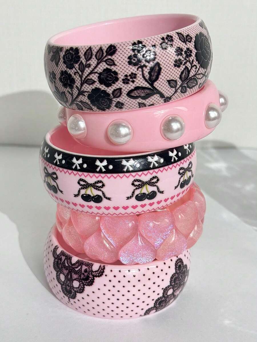 1件 Y2K 玫瑰蕾絲波點復古樹脂手鍊，心形珍珠鑲嵌獨特手鍊，女士可疊戴迷人飾品 - 彩色 - 查看 1