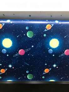 Self-Adhesive Vinyl Wallpaper Roll With Cartoon Anime Universe Sun And Planet Pattern - Suitable For Living Room, Bedroom, Kitchen, Dormitory And Furniture Renovation Wall Decor. - Blue - View 3