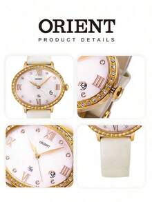 Orient Women's Classic Quartz Watch, White Mother Of Pearl Dial Gold Case Leather Strap 3ATM Water Resistant FUNEK004W0 - Silver - View 5