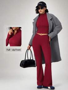 NcmRyu Women's One Set Solid Color Stand Collar Zipper Short Jacket & Criss-Cross V Waist Flare Pants Sports Outfit - Red - View 11